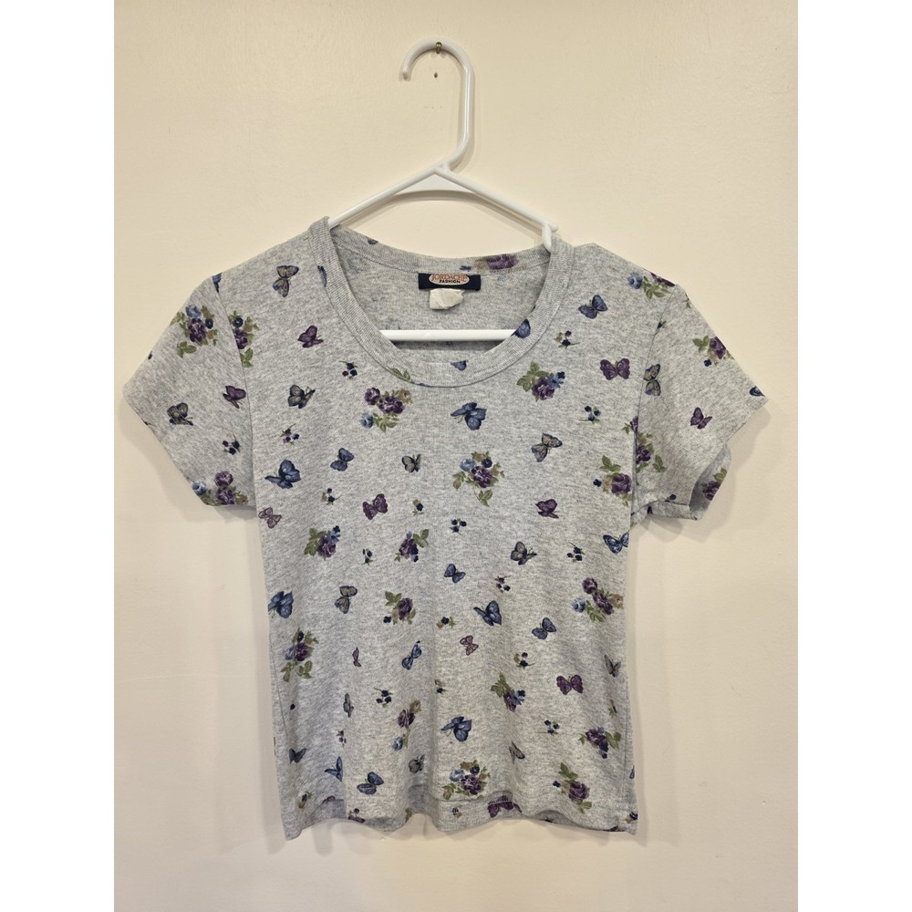 Vintage Jordache Fashion Butterfly Floral Tee Women's Medium Gray 90s Y2K